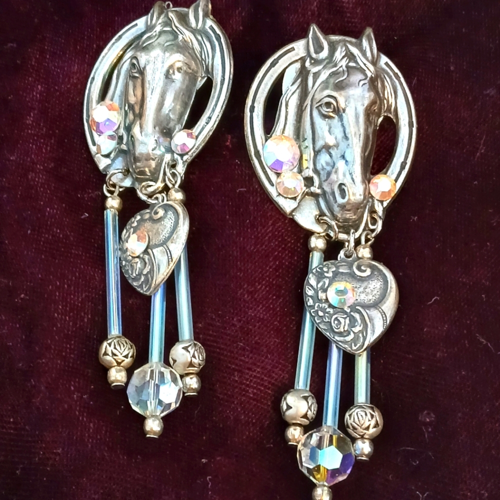 Rodeo Western Antiqued Silver Horse Head Dangle & Bling  Post Earrings